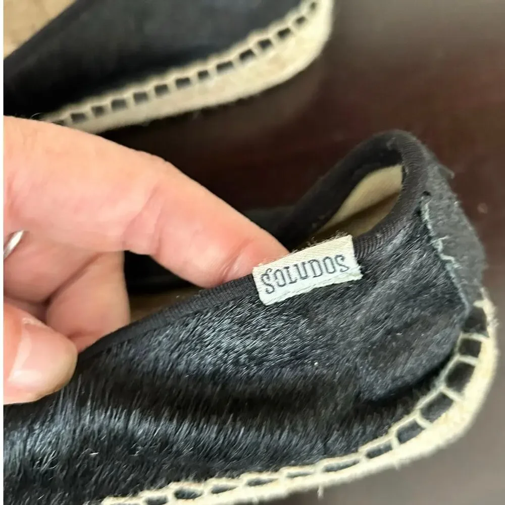 Soludos Black Calf Hair Espadrille Flats Size 8 Slip On Jute Casual Summer Shoe